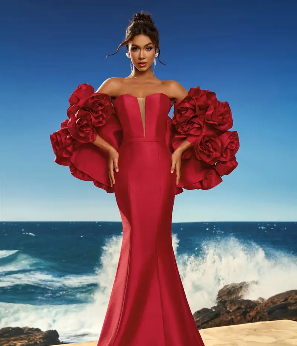 Abito da sera lusso con volant 3D floreali