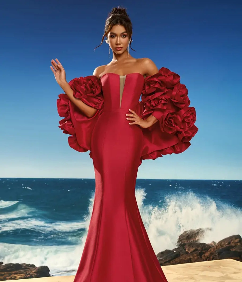 Abito da sera lusso con volant 3D floreali