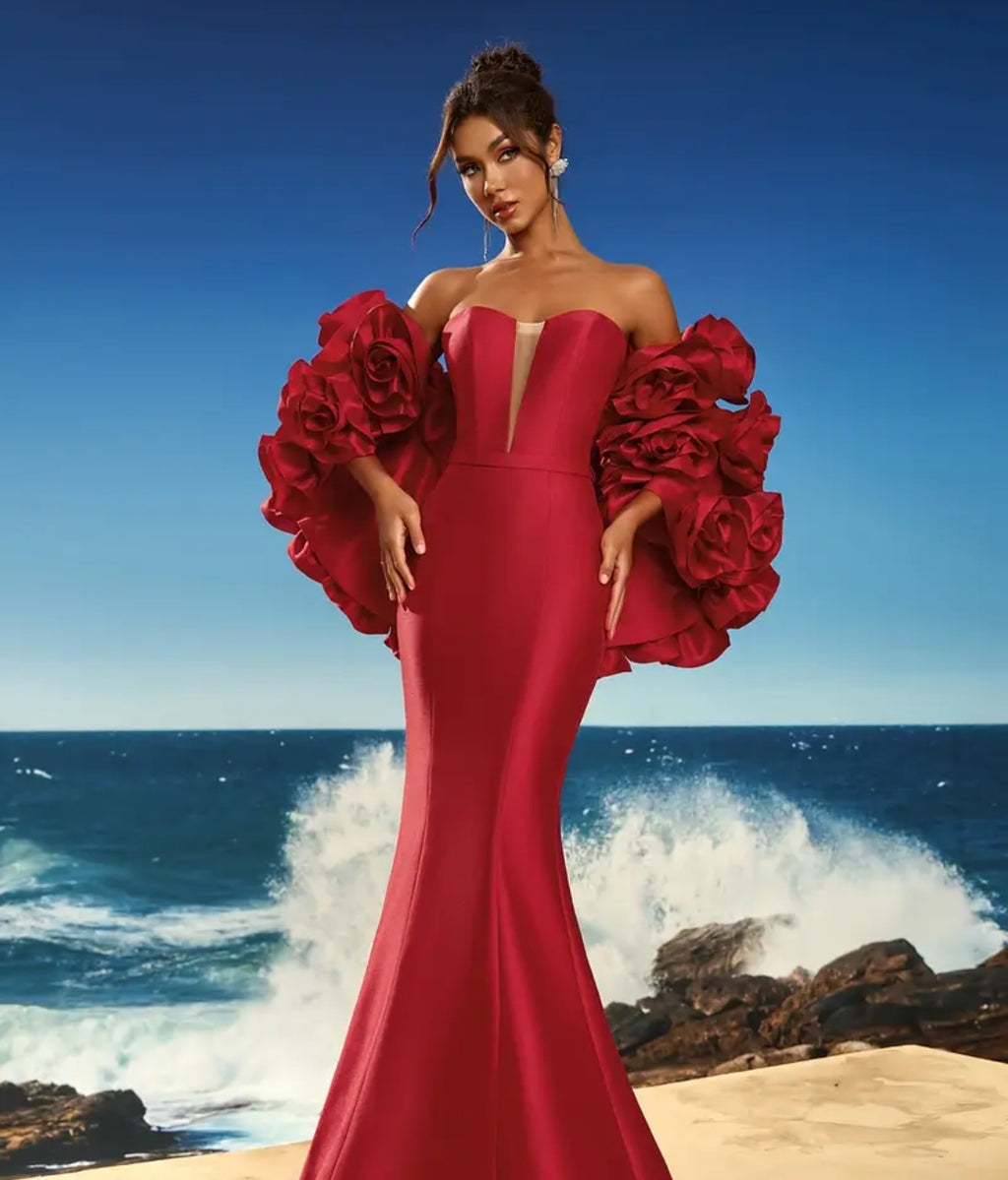 Abito da sera lusso con volant 3D floreali